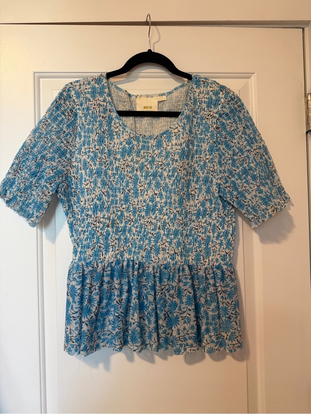 Maeve Blue and White Floral Smocked Peplum Top